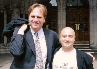 Erkin Guney and Tim Greene outside the Royal Courts of Justice following Erkin's release, 23 May 2003